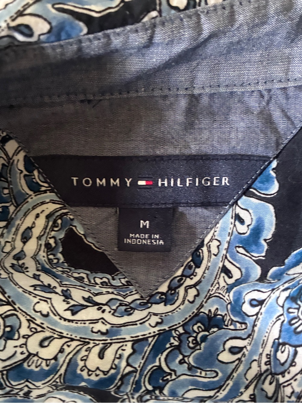 Tommy Hilfiger Office Wear Professional Navy White Paisley Zip-Front Shirt Sz M - Picture 5 of 8